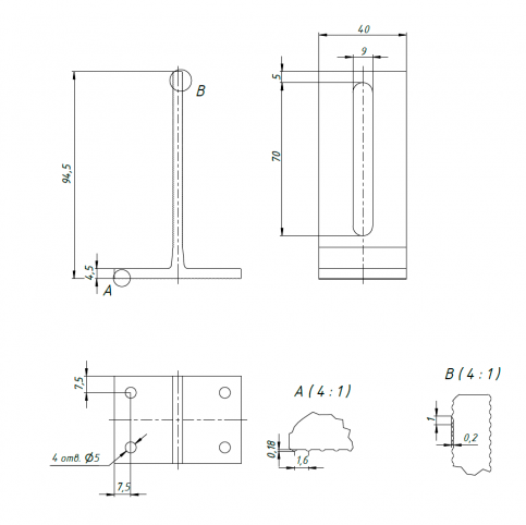 Suport în formă de T din aluminiu cu 4 găuri de 5 mm pentru șuruburi